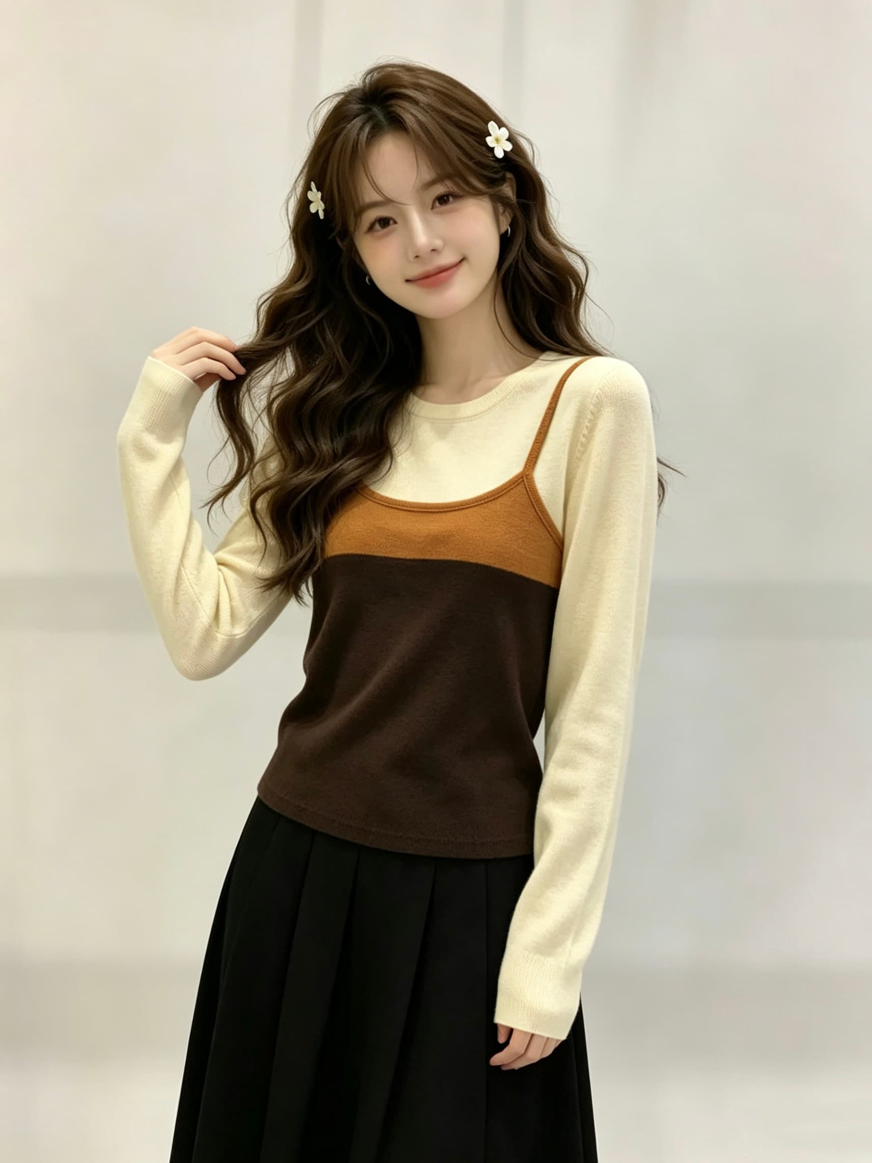 2026 이른 가을 새로운 한국 스타일 페이크 레이어드 배색 슬립 니트 스웨터 여성 몸매 가꾸기 슬림해 보이는 긴팔 스웨터 상세 이미지 6