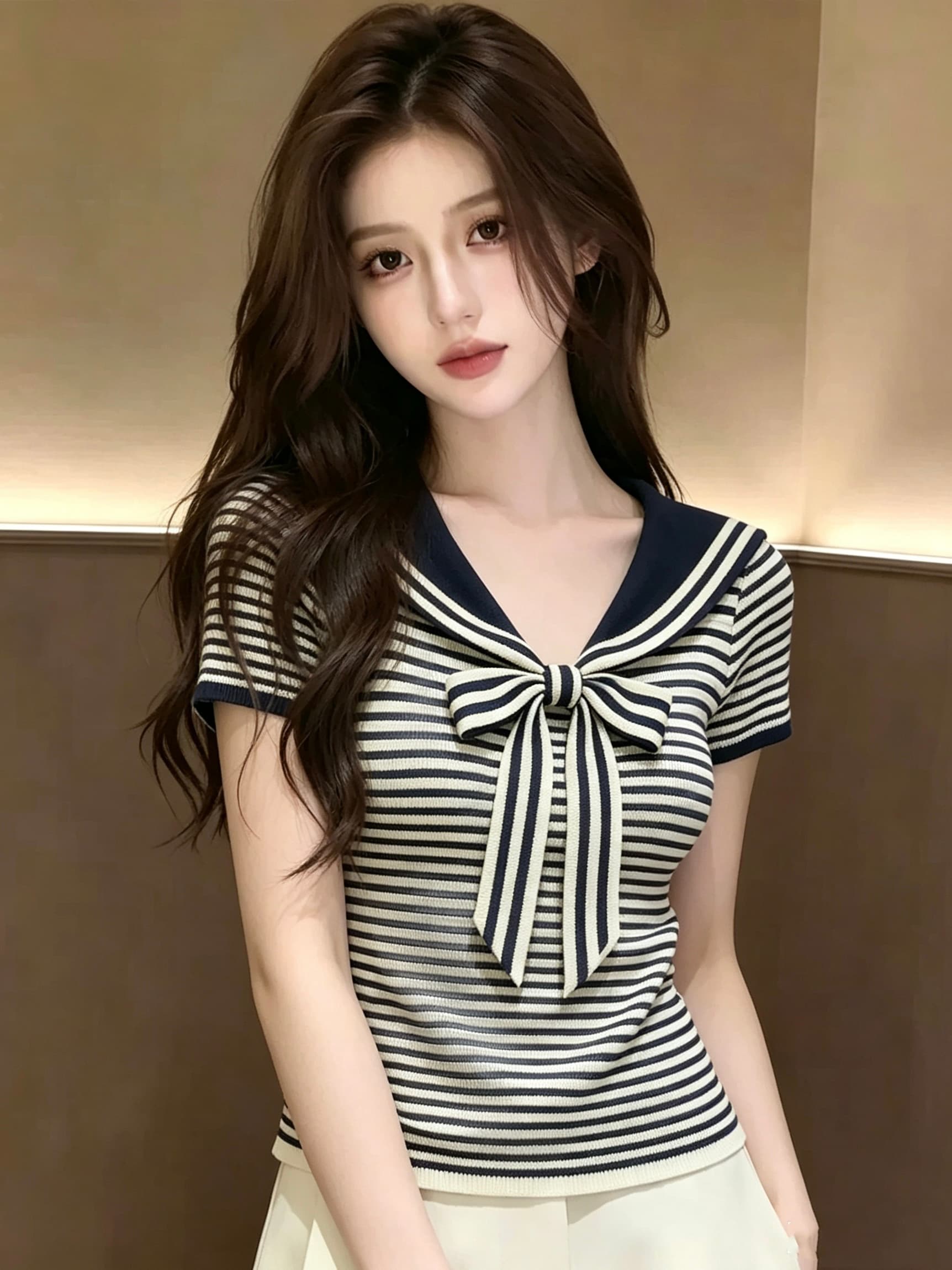한 스타일 해군 스타일 나비 매듭 스트라이프 반팔 티셔츠 여성 여름 폴로 칼라 허리 수축 슬림해 보이는 연령 감소 다용도 맨위 트렌디 상세 이미지 3