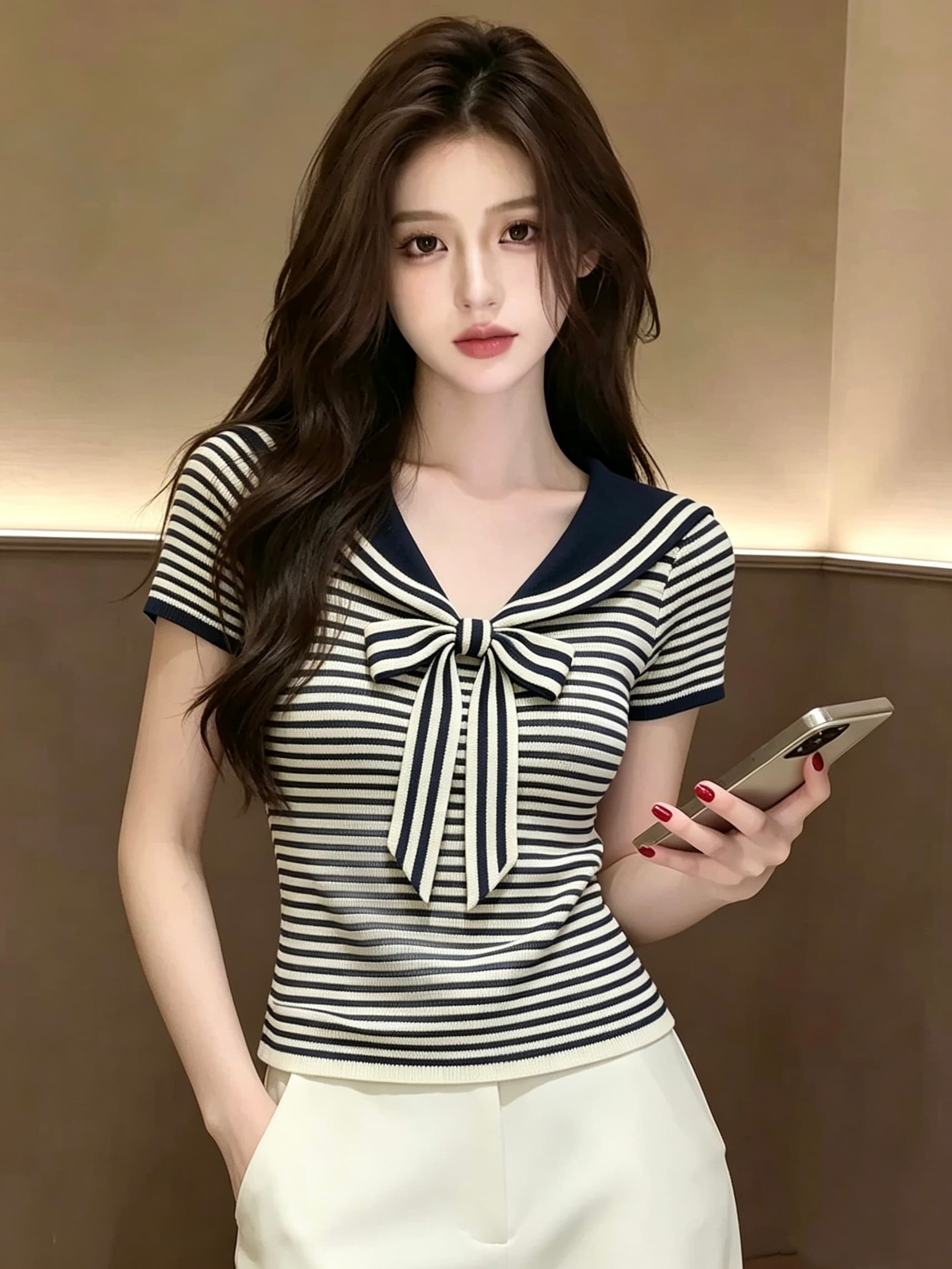 한 스타일 해군 스타일 나비 매듭 스트라이프 반팔 티셔츠 여성 여름 폴로 칼라 허리 수축 슬림해 보이는 연령 감소 다용도 맨위 트렌디 상세 이미지 4