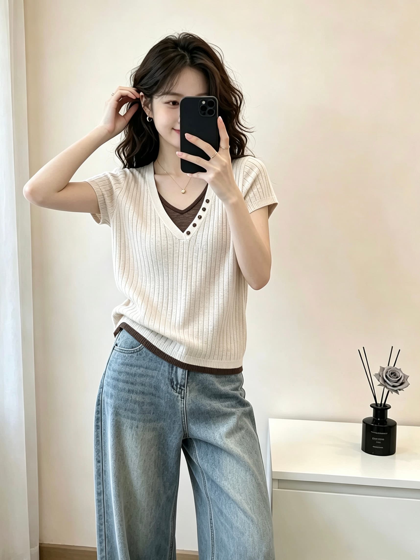 디자인 센스 V넥 배색 패치워크 페이크 레이어드 대나무 마디 마 니트 스웨터 여성 여름 품격 루즈핏 슬림해 보이는 지성 맨위 이미지 4