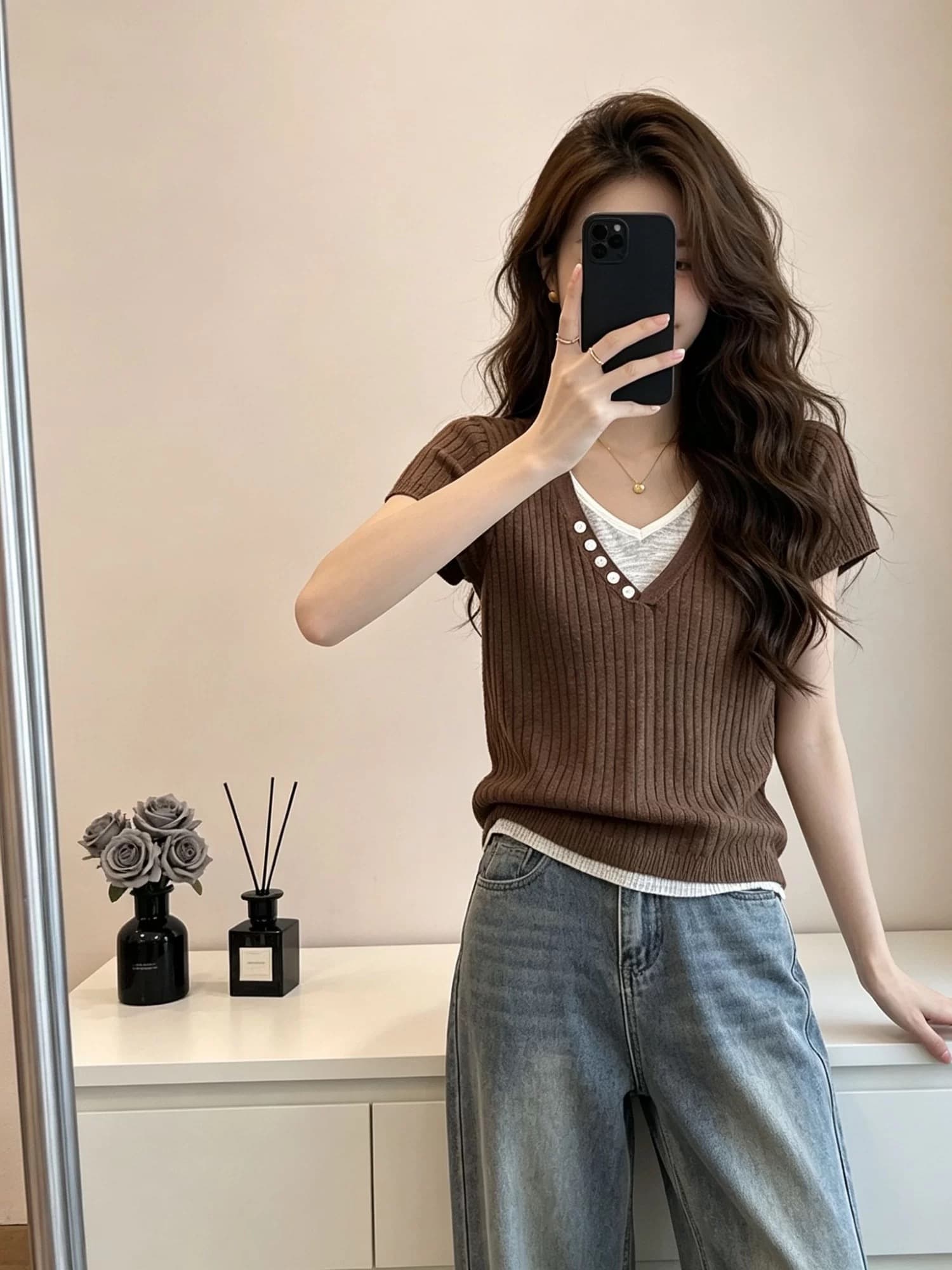 디자인 센스 V넥 배색 패치워크 페이크 레이어드 대나무 마디 마 니트 스웨터 여성 여름 품격 루즈핏 슬림해 보이는 지성 맨위 상세 이미지 6