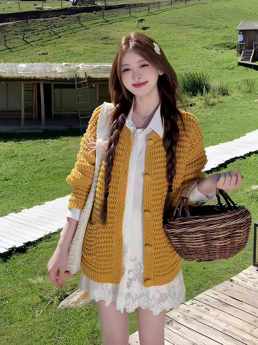 센 부서 레트로 황색 스웨터 오픈 가디건 여성 2026 이른 가을 새로운 캐주얼 루즈핏 느긋한 바람 니트 재킷 맨위 상세 이미지 1