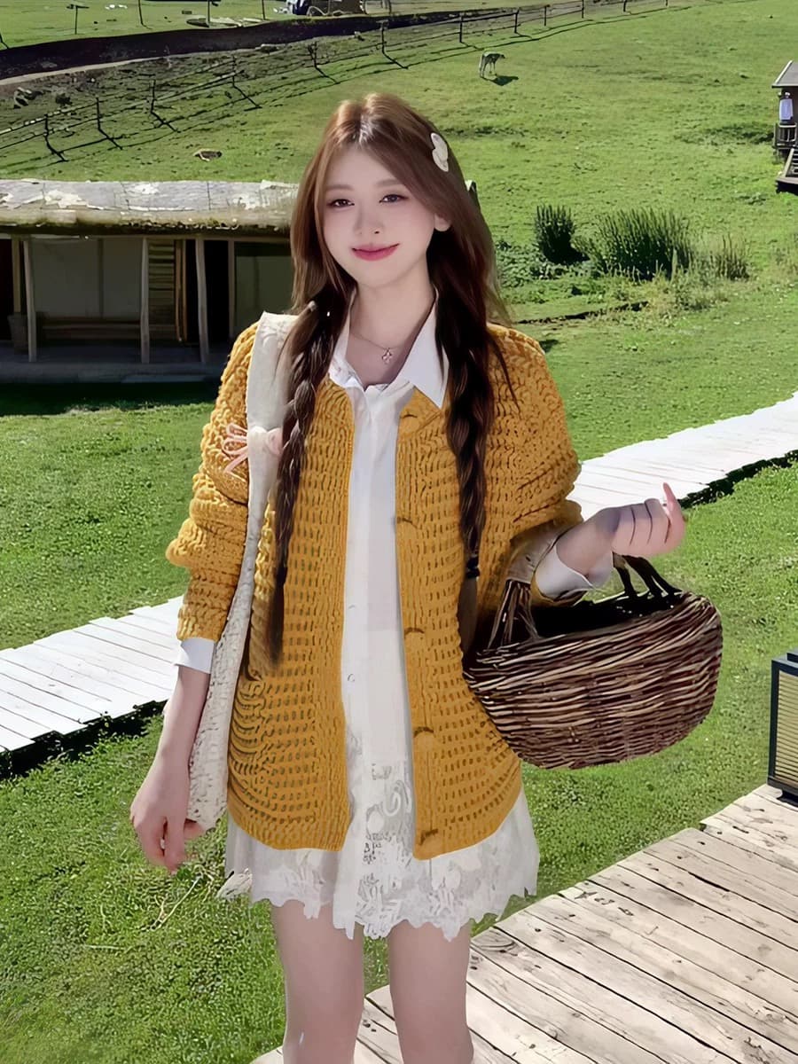 센 부서 레트로 황색 스웨터 오픈 가디건 여성 2026 이른 가을 새로운 캐주얼 루즈핏 느긋한 바람 니트 재킷 맨위 상세 이미지 2