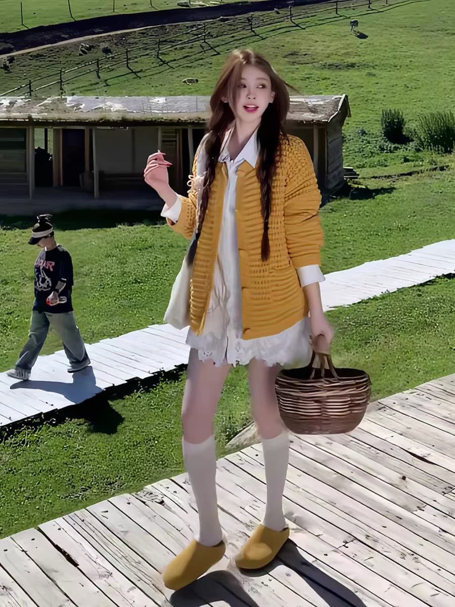 센 부서 레트로 황색 스웨터 오픈 가디건 여성 2026 이른 가을 새로운 캐주얼 루즈핏 느긋한 바람 니트 재킷 맨위 상세 이미지 4