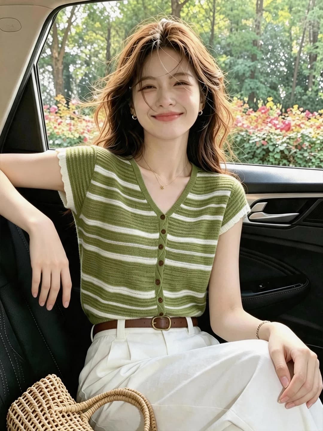 2026 슈퍼 화재 연령 감소 녹색 스트라이프 반팔 티셔츠 여성 여름 캐주얼 얇은 스타일 맨위 슈퍼 잘 생긴 니트 오픈 가디건 이미지 2