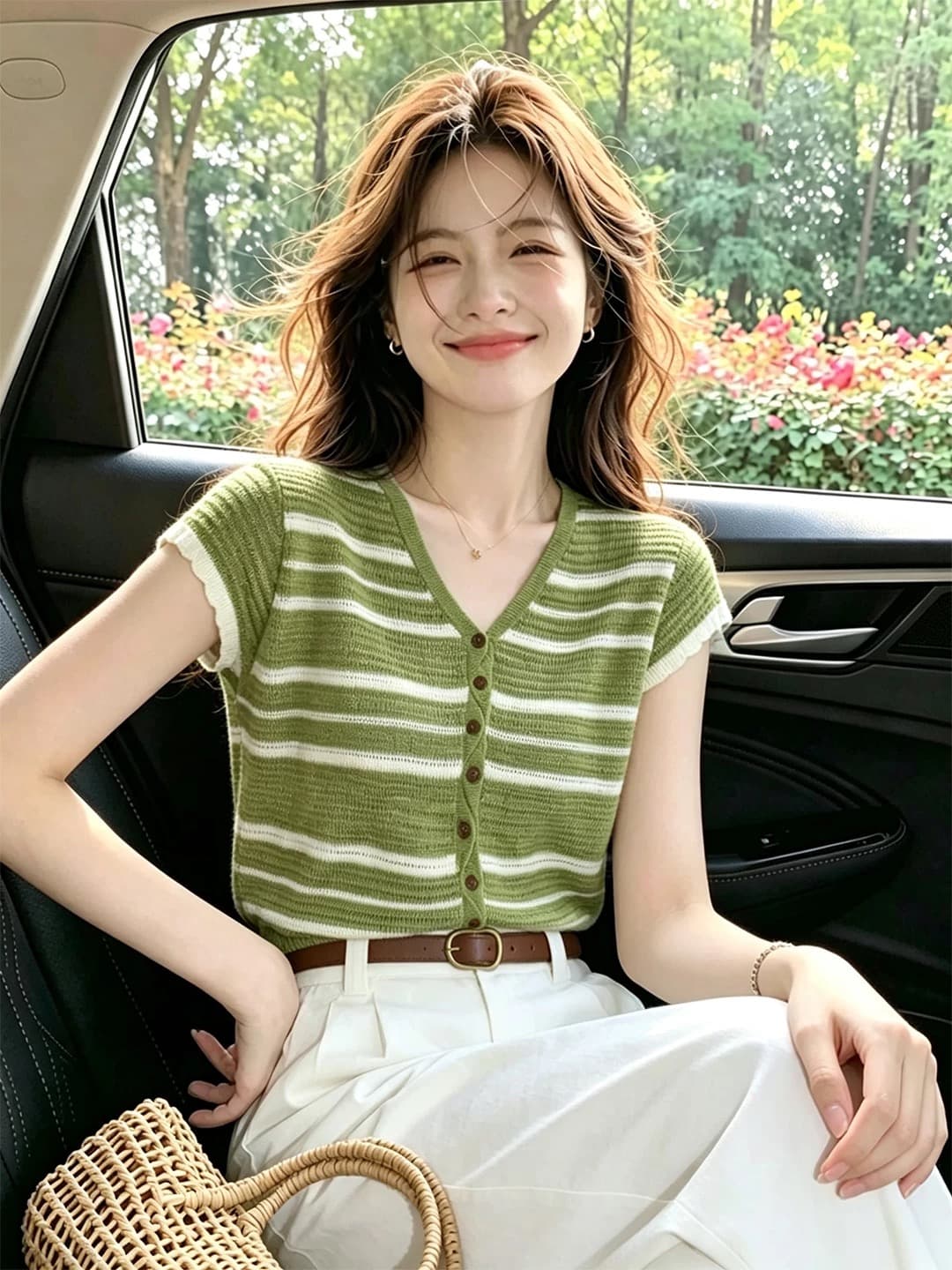 2026 슈퍼 화재 연령 감소 녹색 스트라이프 반팔 티셔츠 여성 여름 캐주얼 얇은 스타일 맨위 슈퍼 잘 생긴 니트 오픈 가디건 상세 이미지 1