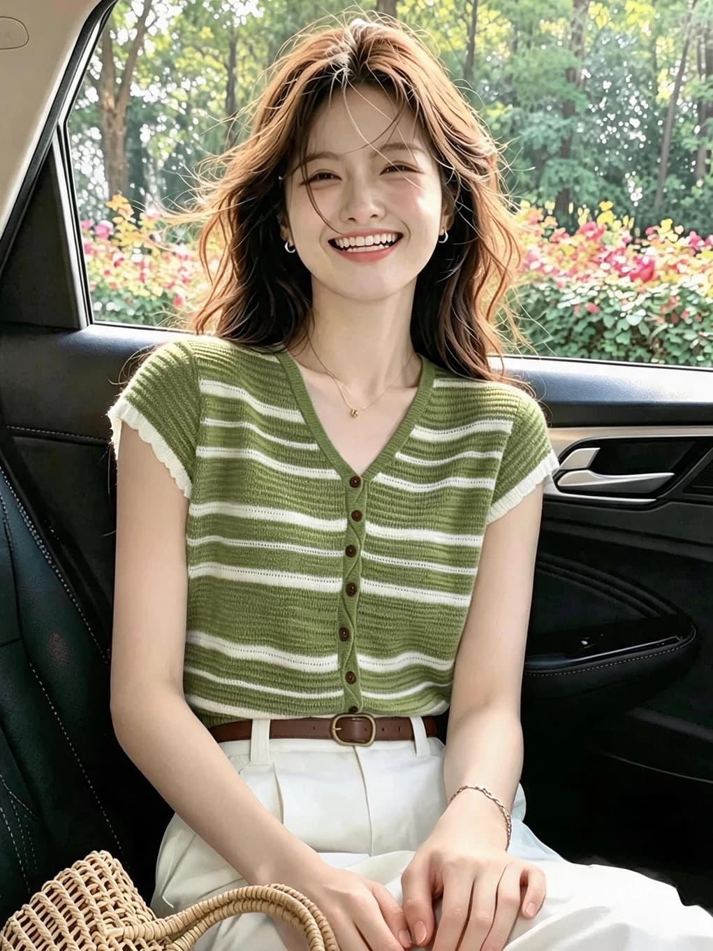 2026 슈퍼 화재 연령 감소 녹색 스트라이프 반팔 티셔츠 여성 여름 캐주얼 얇은 스타일 맨위 슈퍼 잘 생긴 니트 오픈 가디건 상세 이미지 3
