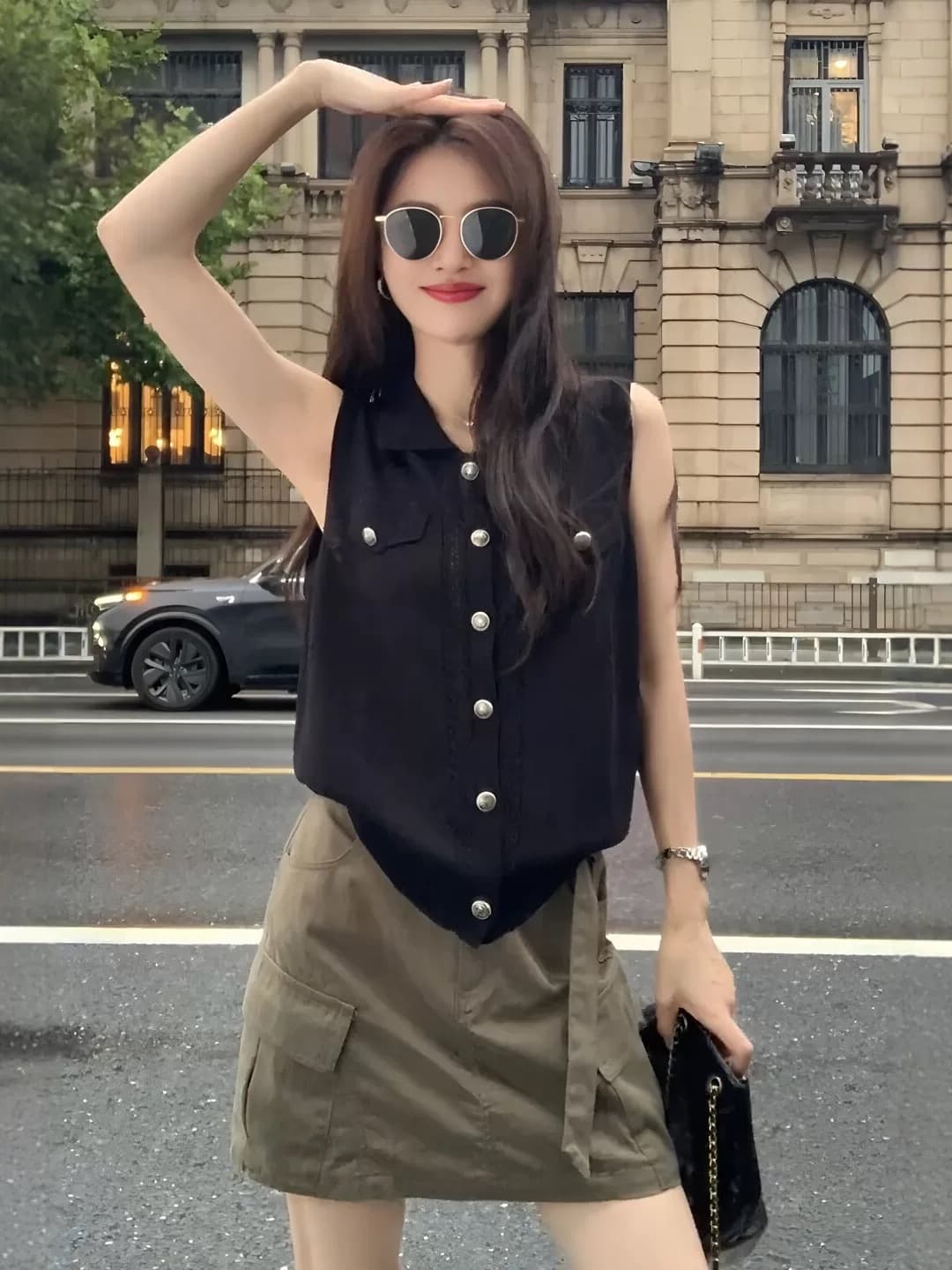 오래된 돈 바람 폴로 칼라 싱글 줄 버튼 민소매 니트 조끼 여성 2026 여름 얇고 가벼운 슬림해 보이는 다용도 베스트 작은 맨위 상세 이미지 2