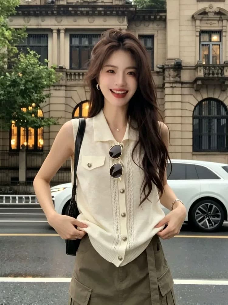 오래된 돈 바람 폴로 칼라 싱글 줄 버튼 민소매 니트 조끼 여성 2026 여름 얇고 가벼운 슬림해 보이는 다용도 베스트 작은 맨위 상세 이미지 5