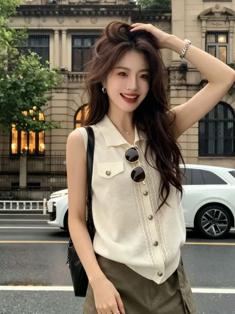 오래된 돈 바람 폴로 칼라 싱글 줄 버튼 민소매 니트 조끼 여성 2026 여름 얇고 가벼운 슬림해 보이는 다용도 베스트 작은 맨위 상세 이미지 6