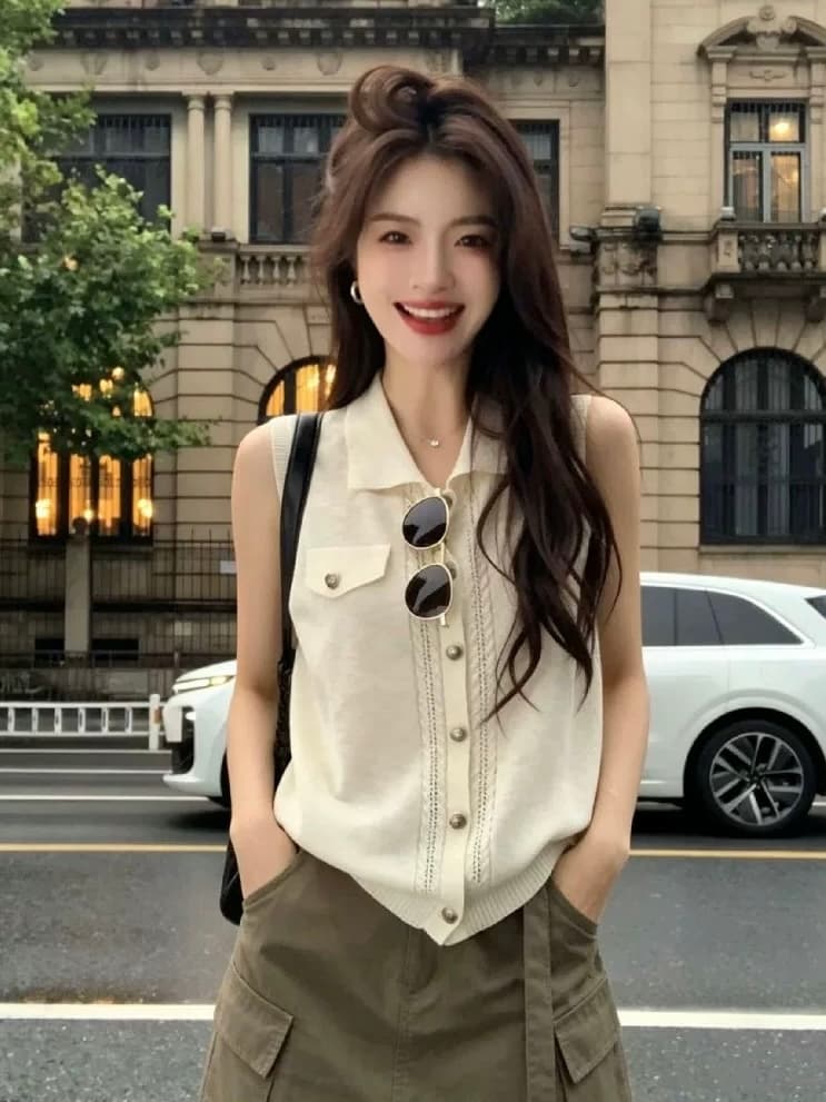 오래된 돈 바람 폴로 칼라 싱글 줄 버튼 민소매 니트 조끼 여성 2026 여름 얇고 가벼운 슬림해 보이는 다용도 베스트 작은 맨위 상세 이미지 7