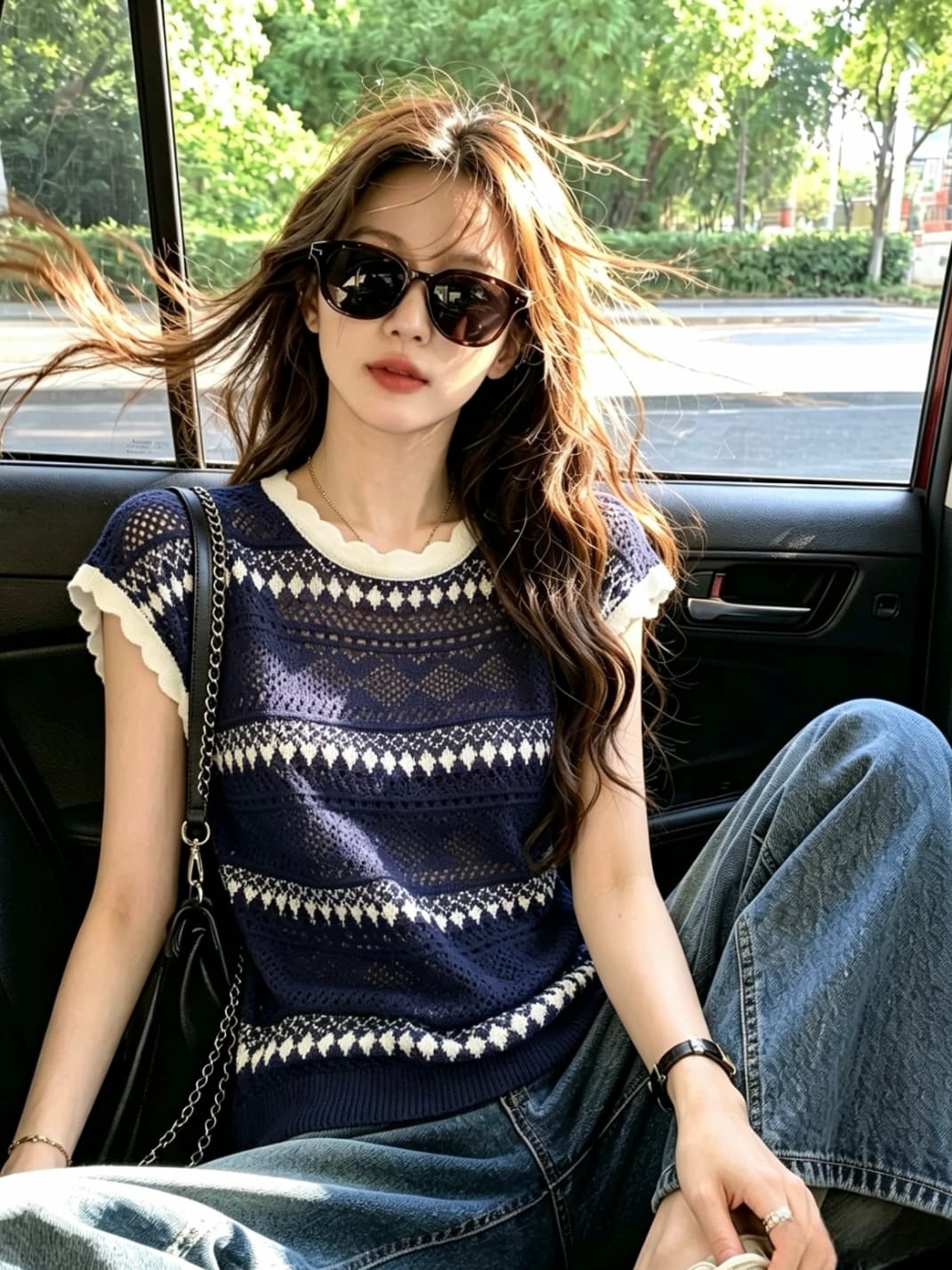 레트로 홀로우 아웃 링 그리드 화이트 반팔 티셔츠 여성 여름 캐주얼 슈퍼 잘 생긴 연령 감소 얇은 스타일 통기성 니트 맨위 이미지 3