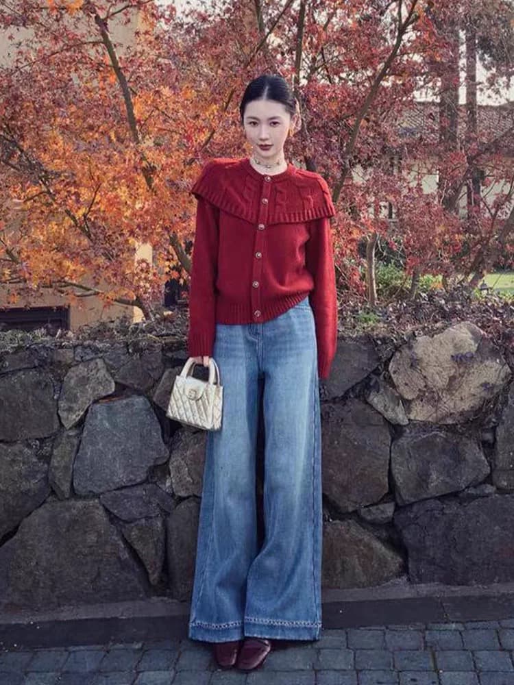 프랑스식 레트로 빨간색 숄 니트 오픈 가디건 여성 가을 겨울철 아름다운 자이언트 잘 생긴 스웨터 인사이드 가져 가라. 페이크 레이어드 맨위 상세 이미지 3