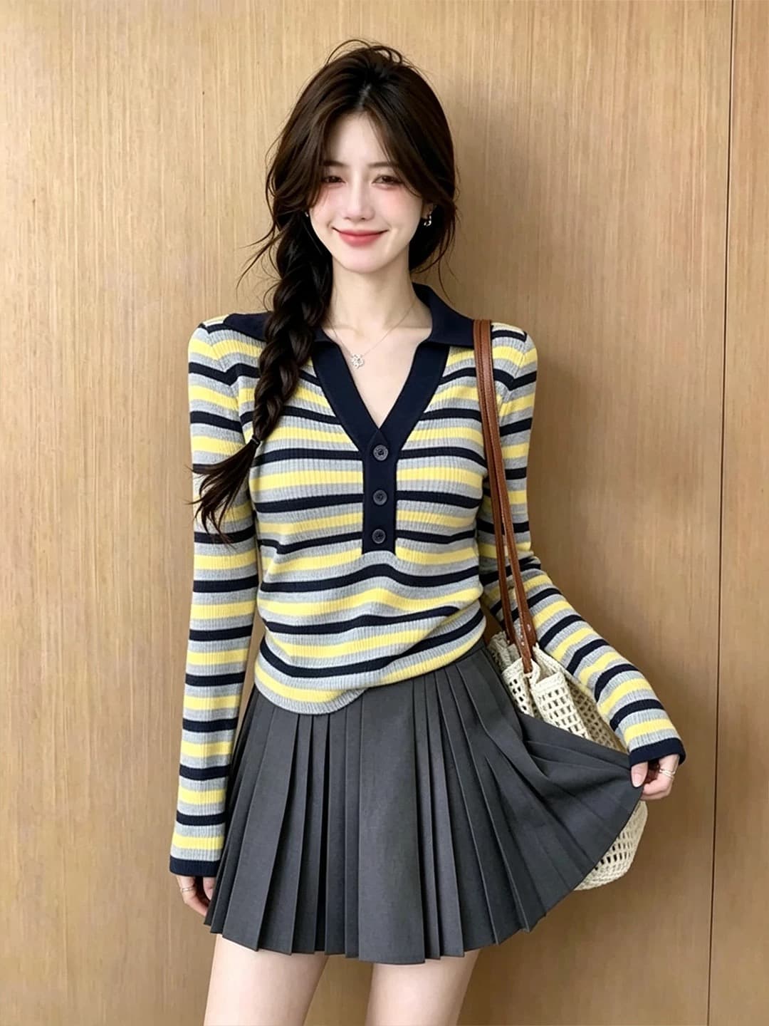 한 부서 배색 스트라이프 POLO 칼라 니트 스웨터 여성 조기 가을 2026 새로운 기본 셔츠 긴팔 고급 센스 맨위 이미지 2