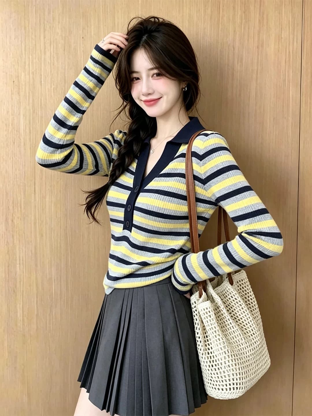 한 부서 배색 스트라이프 POLO 칼라 니트 스웨터 여성 조기 가을 2026 새로운 기본 셔츠 긴팔 고급 센스 맨위 이미지 3