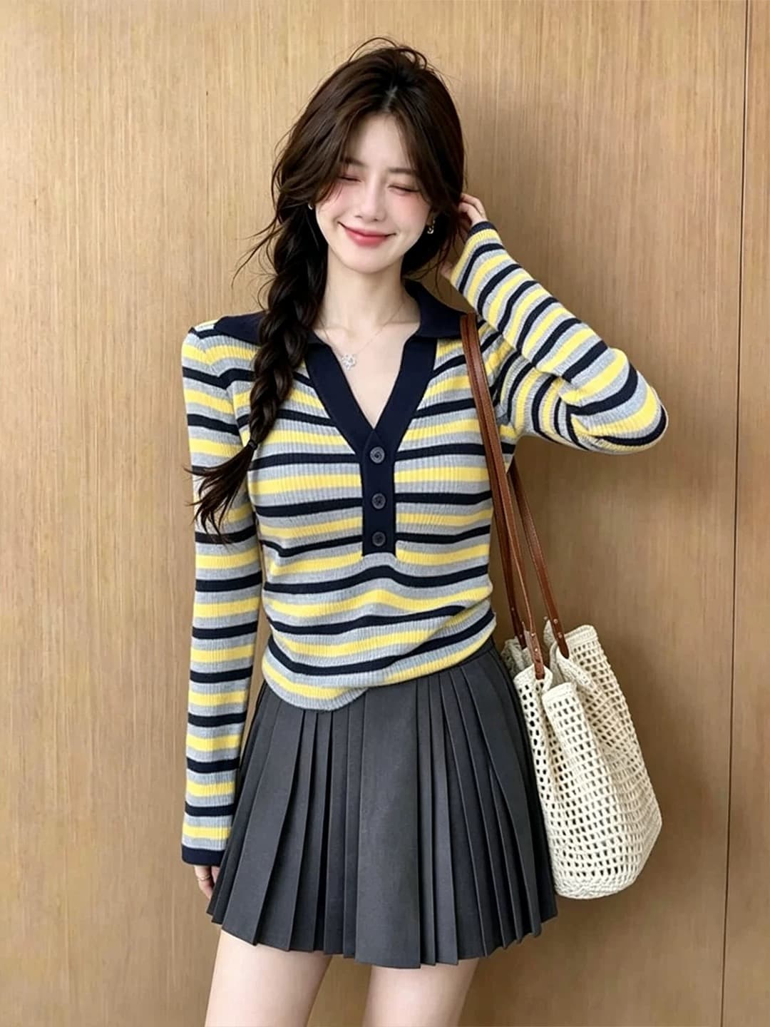 한 부서 배색 스트라이프 POLO 칼라 니트 스웨터 여성 조기 가을 2026 새로운 기본 셔츠 긴팔 고급 센스 맨위 상세 이미지 1