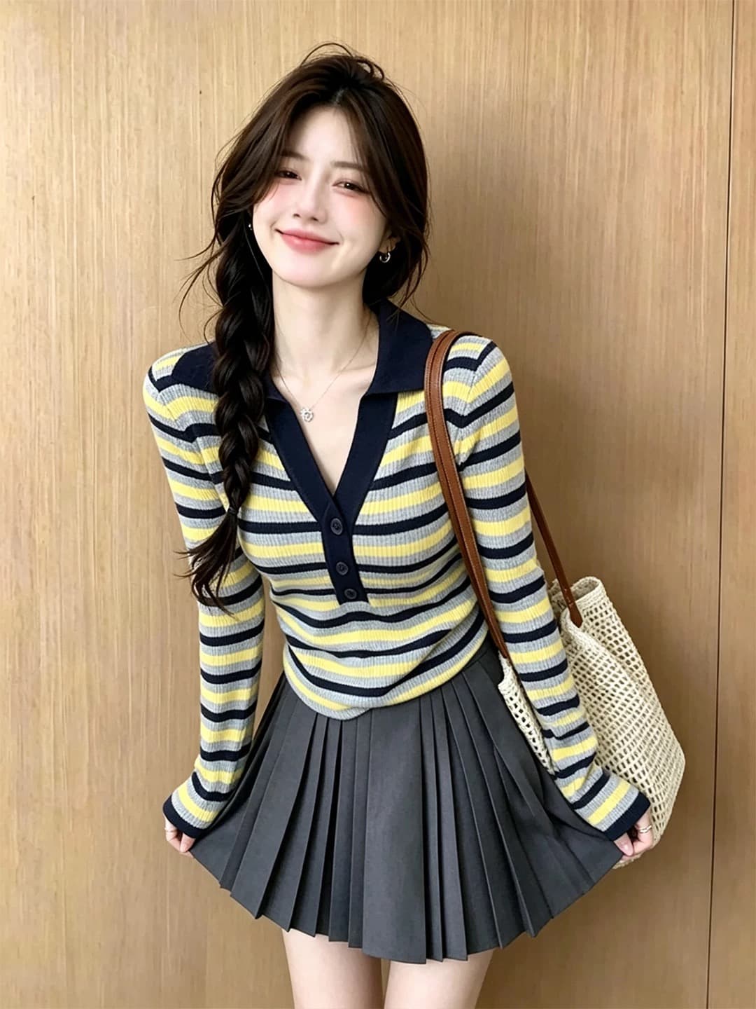 한 부서 배색 스트라이프 POLO 칼라 니트 스웨터 여성 조기 가을 2026 새로운 기본 셔츠 긴팔 고급 센스 맨위 상세 이미지 4