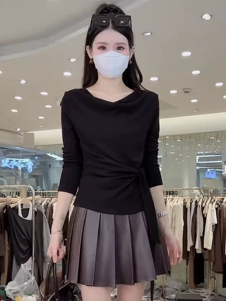 프랑스식 흔들다 칼라 커피 색상 긴팔 니트 스웨터 여성 2026 새로운 가을 자이언트 잘 생긴 연령 감소 허리 수축 레이스업 싱글 착용 맨위 상세 이미지 2