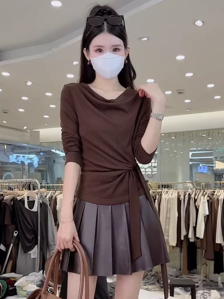 프랑스식 흔들다 칼라 커피 색상 긴팔 니트 스웨터 여성 2026 새로운 가을 자이언트 잘 생긴 연령 감소 허리 수축 레이스업 싱글 착용 맨위 상세 이미지 4