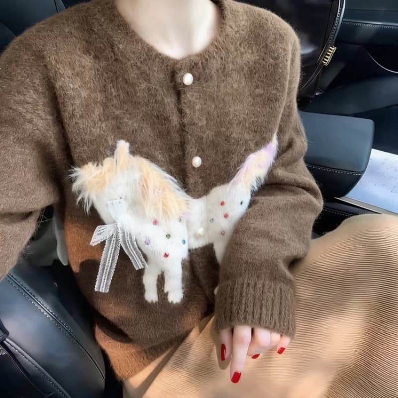 보존 섹션 추천 부드러운 바람 달콤함 비즈 박기 작은 말 자카드 니트 오픈 가디건 여성 2026 가을 외국 가스 스웨터 이미지 5