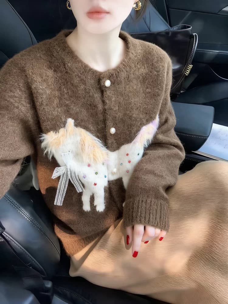 보존 섹션 추천 부드러운 바람 달콤함 비즈 박기 작은 말 자카드 니트 오픈 가디건 여성 2026 가을 외국 가스 스웨터 상세 이미지 5