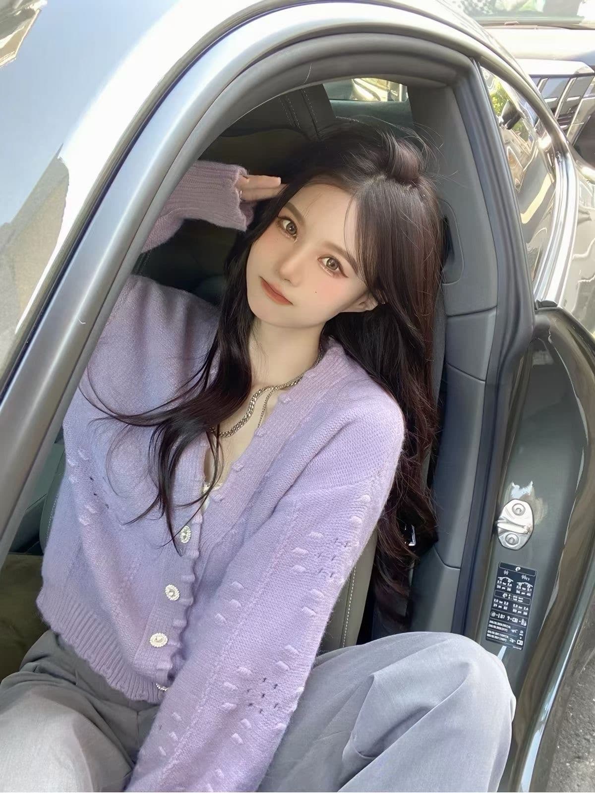 향기로운 芋 보라색 V넥 니트 오픈 가디건 여성 가을 얇은 스타일 따뜻한 부드럽다 찹쌀 벌룬 소매 홀로우 아웃 스웨터 코트 맨위 상세 이미지 1