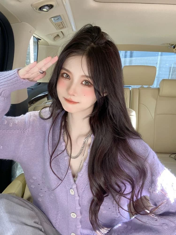 향기로운 芋 보라색 V넥 니트 오픈 가디건 여성 가을 얇은 스타일 따뜻한 부드럽다 찹쌀 벌룬 소매 홀로우 아웃 스웨터 코트 맨위 상세 이미지 3