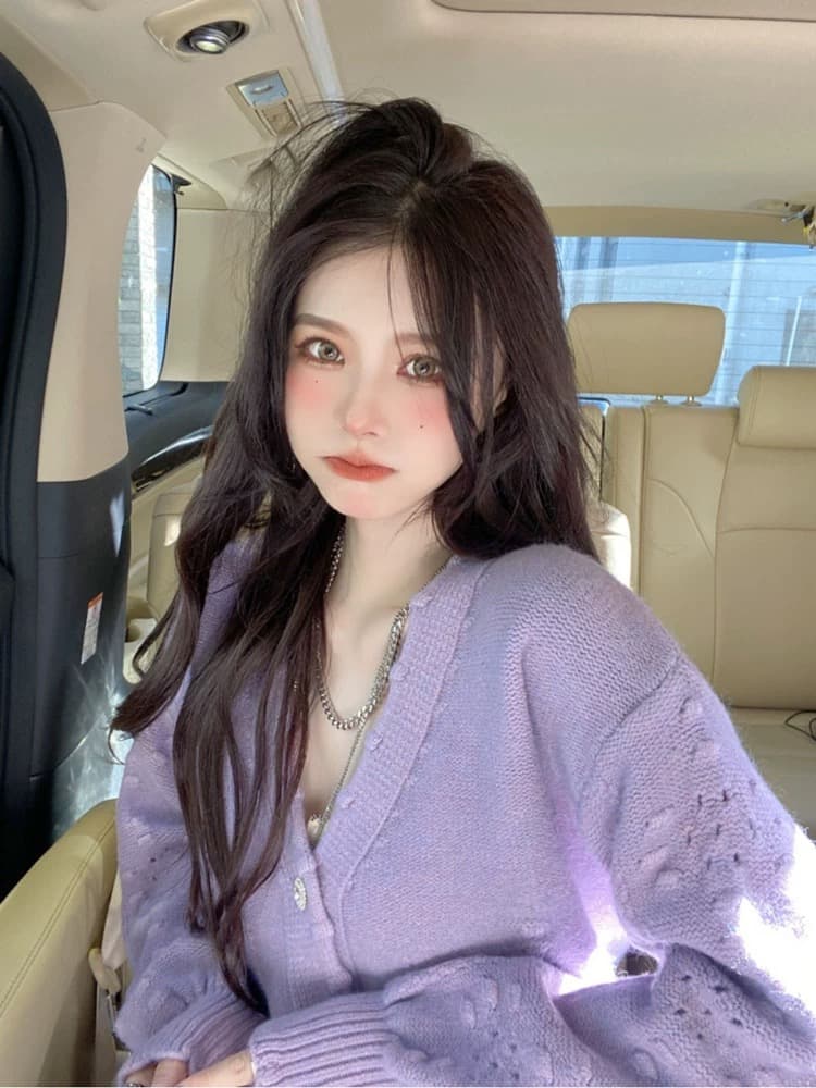 향기로운 芋 보라색 V넥 니트 오픈 가디건 여성 가을 얇은 스타일 따뜻한 부드럽다 찹쌀 벌룬 소매 홀로우 아웃 스웨터 코트 맨위 상세 이미지 4