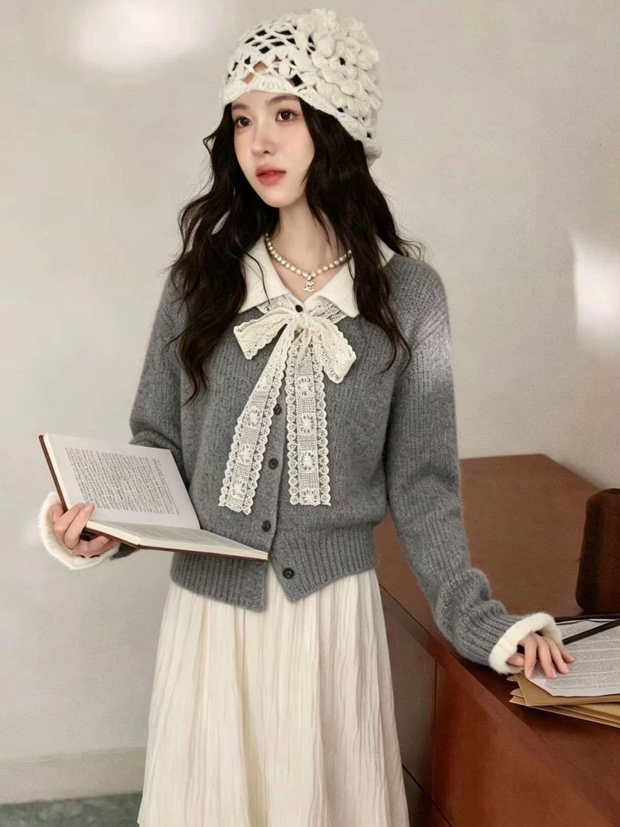커피 색상 폴로 칼라 페이크 레이어드 스웨터 여성 코트 2026 가을 새로운 레이스 나비 매듭 니트 오픈 가디건 짧은 맨위 이미지 4