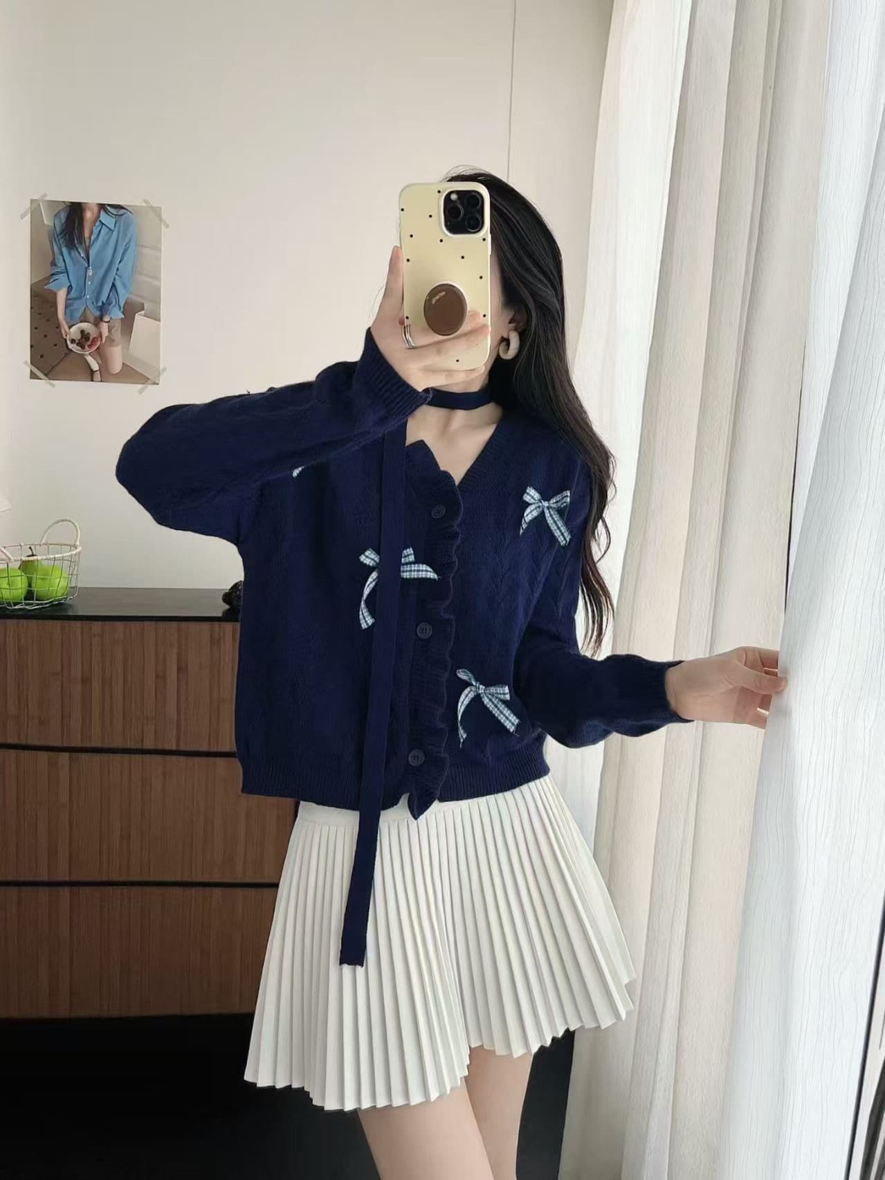 달콤한 스타일 나비 매듭 프릴 V넥 니트 오픈 가디건 여성 작은 키 다용도 연령 감소 자이언트 잘 생긴 스웨터 코트 이미지 3