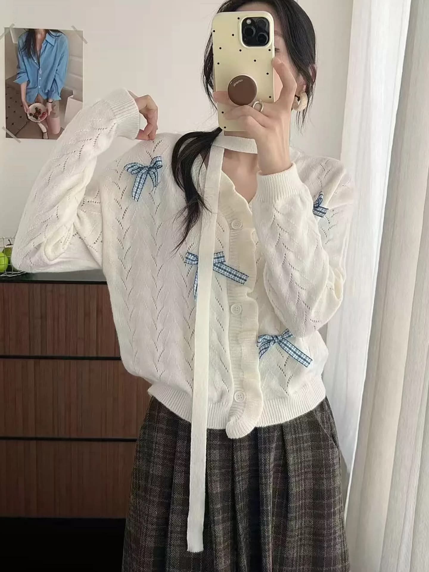 달콤한 스타일 나비 매듭 프릴 V넥 니트 오픈 가디건 여성 작은 키 다용도 연령 감소 자이언트 잘 생긴 스웨터 코트 상세 이미지 5