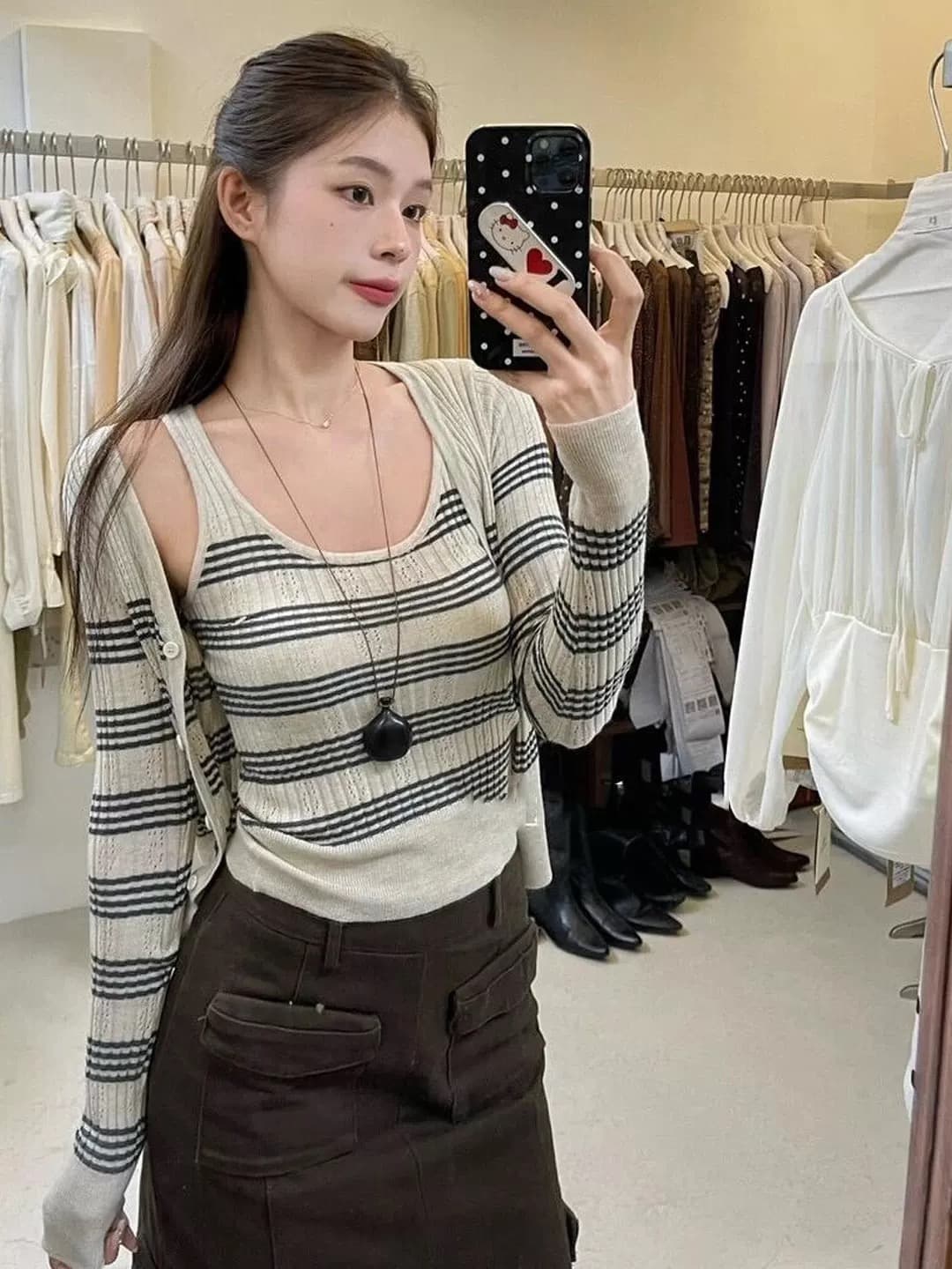 열기 가을 ootd 착용 잡아라. 의류 전체 집합 2026 프랑스식 스트라이프 니트 오픈 가디건 캐미솔 스택 착용 투피스 세트 이미지 3