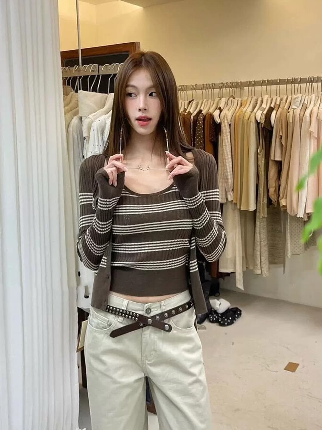 열기 가을 ootd 착용 잡아라. 의류 전체 집합 2026 프랑스식 스트라이프 니트 오픈 가디건 캐미솔 스택 착용 투피스 세트 상세 이미지 1