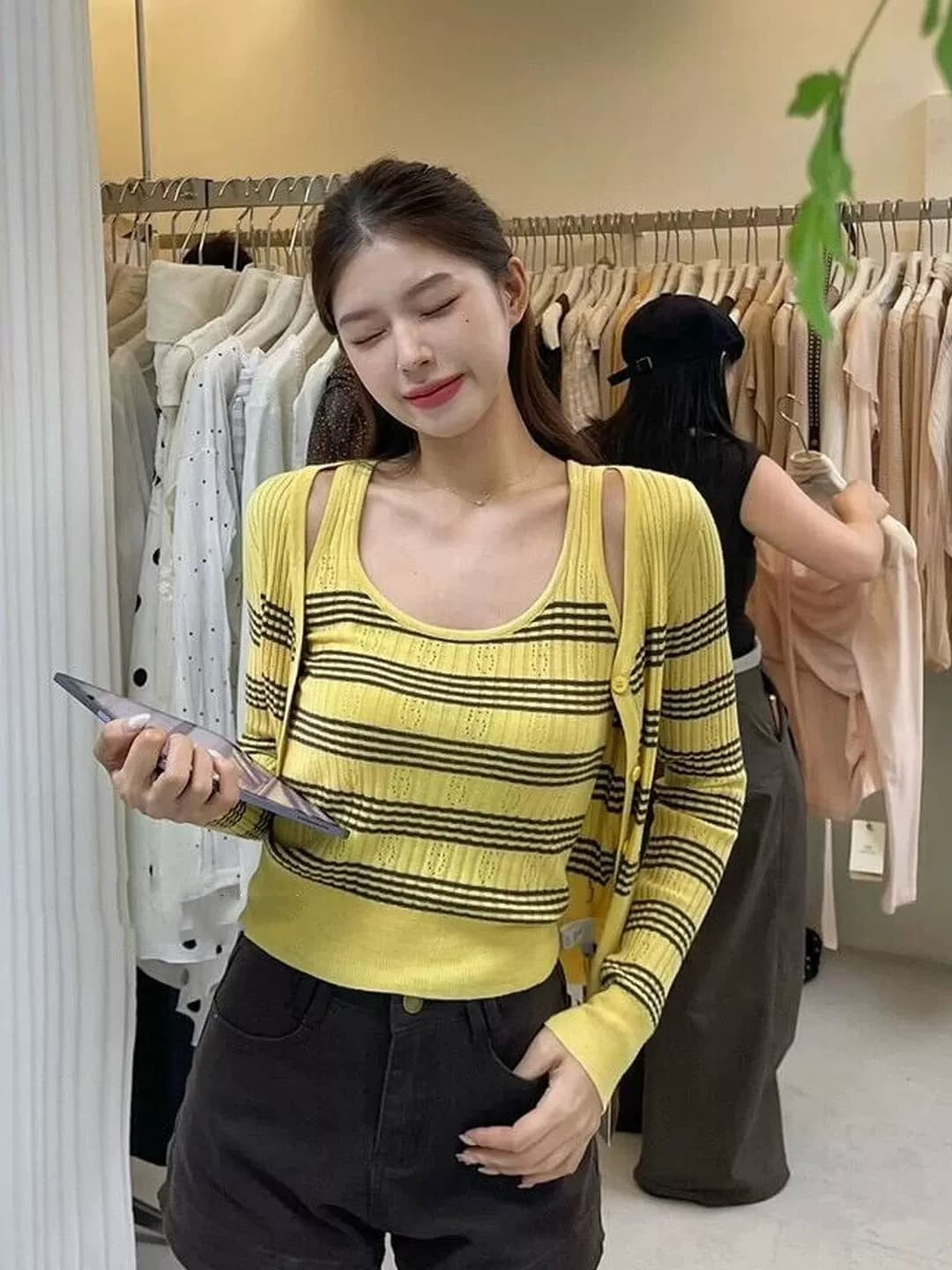 열기 가을 ootd 착용 잡아라. 의류 전체 집합 2026 프랑스식 스트라이프 니트 오픈 가디건 캐미솔 스택 착용 투피스 세트 상세 이미지 4