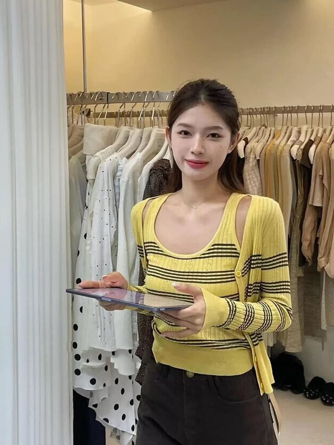 열기 가을 ootd 착용 잡아라. 의류 전체 집합 2026 프랑스식 스트라이프 니트 오픈 가디건 캐미솔 스택 착용 투피스 세트 상세 이미지 5