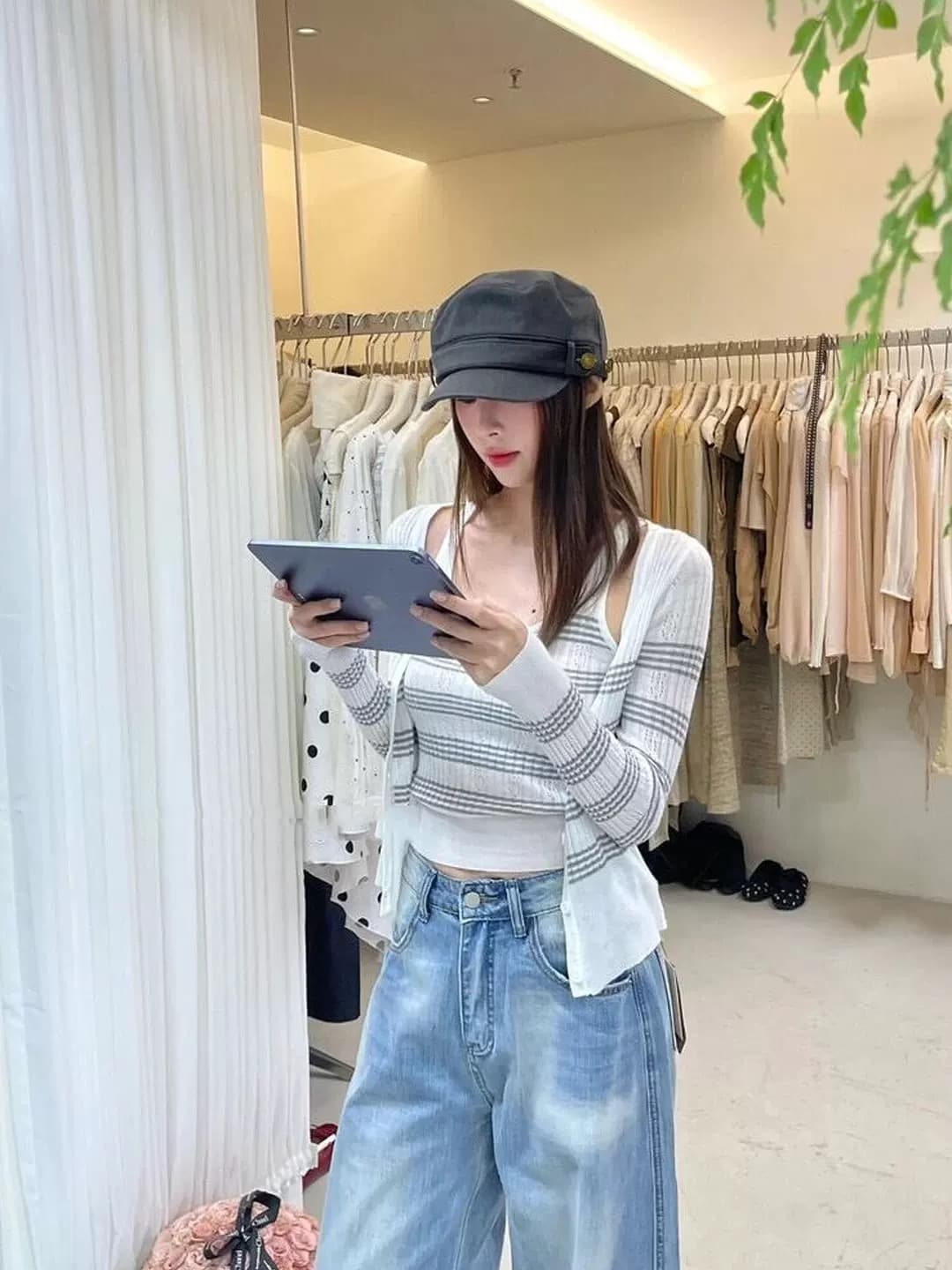 열기 가을 ootd 착용 잡아라. 의류 전체 집합 2026 프랑스식 스트라이프 니트 오픈 가디건 캐미솔 스택 착용 투피스 세트 상세 이미지 7