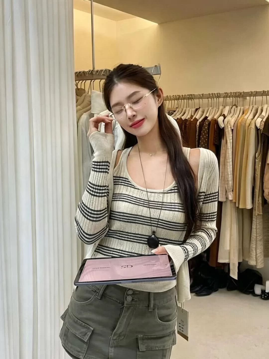 열기 가을 ootd 착용 잡아라. 의류 전체 집합 2026 프랑스식 스트라이프 니트 오픈 가디건 캐미솔 스택 착용 투피스 세트 상세 이미지 8