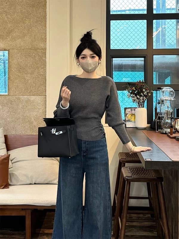 한 부서 꼬집기 허리 오프숄더 스웨터 니트 스웨터 여성 가을 겨울 2026 새로운 인사이드 가져 가라. 디자인 센스 고유 한 Chic 맨위 이미지 2