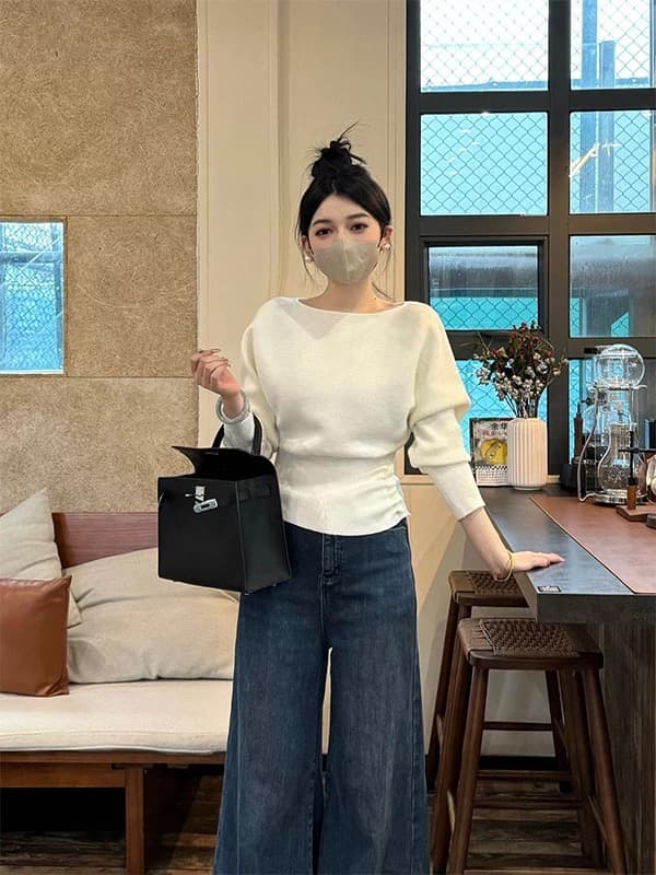 가을 겨울 새로운 디자인 센스 비스듬한 어깨 긴팔 니트 스웨터 여성 느슨함 센스 슬림해 보이는 품격 맨위 기본 셔츠 여성 의류 상세 이미지 8