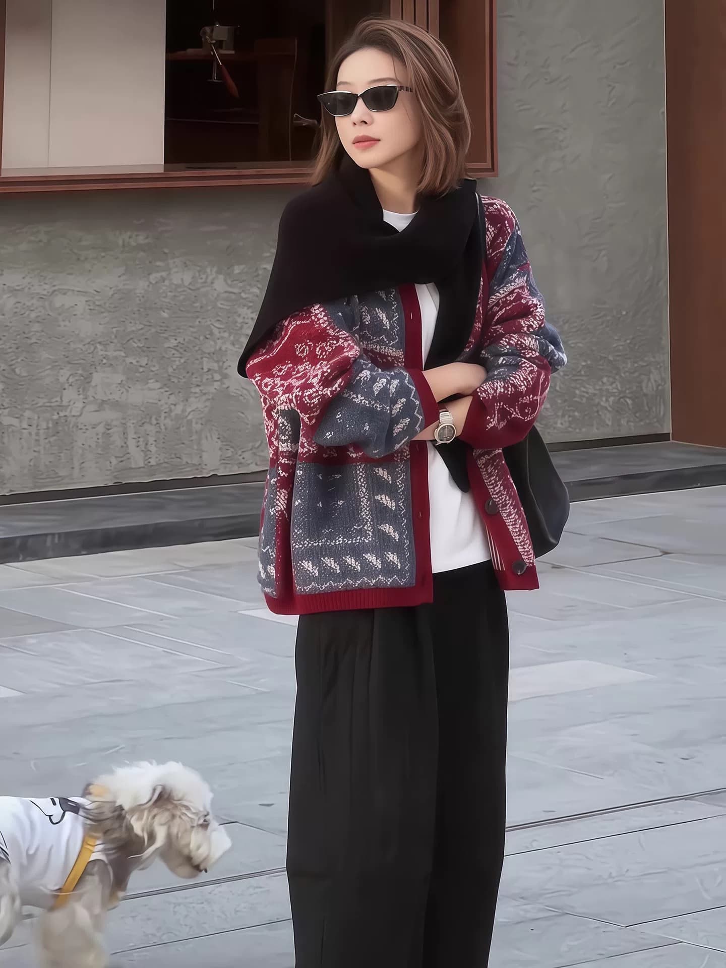 한 부서 빨간색 공정한 섬 자카드 니트 오픈 가디건 여성 가을 겨울 외부 가져 가라. 느긋한 바람 와이드 부드러운 찹쌀 스웨터 코트 두꺼움 이미지 3