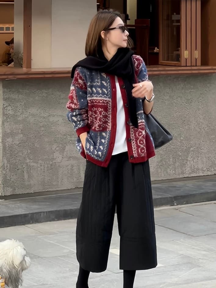 한 부서 빨간색 공정한 섬 자카드 니트 오픈 가디건 여성 가을 겨울 외부 가져 가라. 느긋한 바람 와이드 부드러운 찹쌀 스웨터 코트 두꺼움 이미지 5