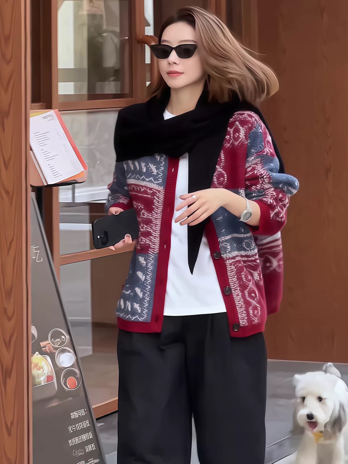 한 부서 빨간색 공정한 섬 자카드 니트 오픈 가디건 여성 가을 겨울 외부 가져 가라. 느긋한 바람 와이드 부드러운 찹쌀 스웨터 코트 두꺼움 상세 이미지 1