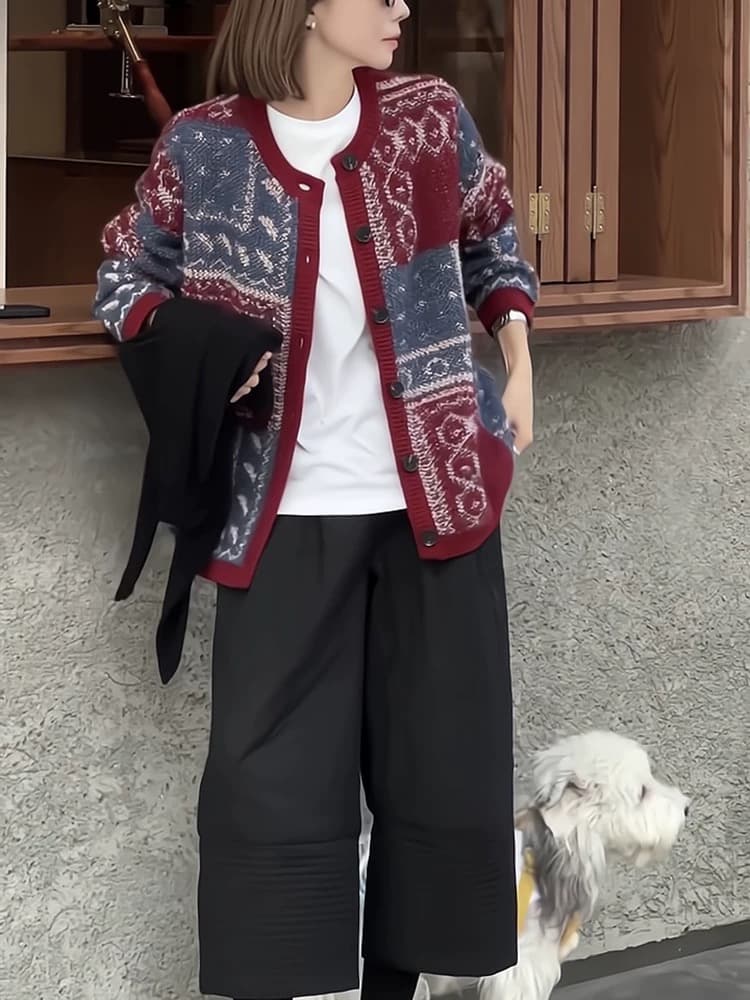 한 부서 빨간색 공정한 섬 자카드 니트 오픈 가디건 여성 가을 겨울 외부 가져 가라. 느긋한 바람 와이드 부드러운 찹쌀 스웨터 코트 두꺼움 상세 이미지 5