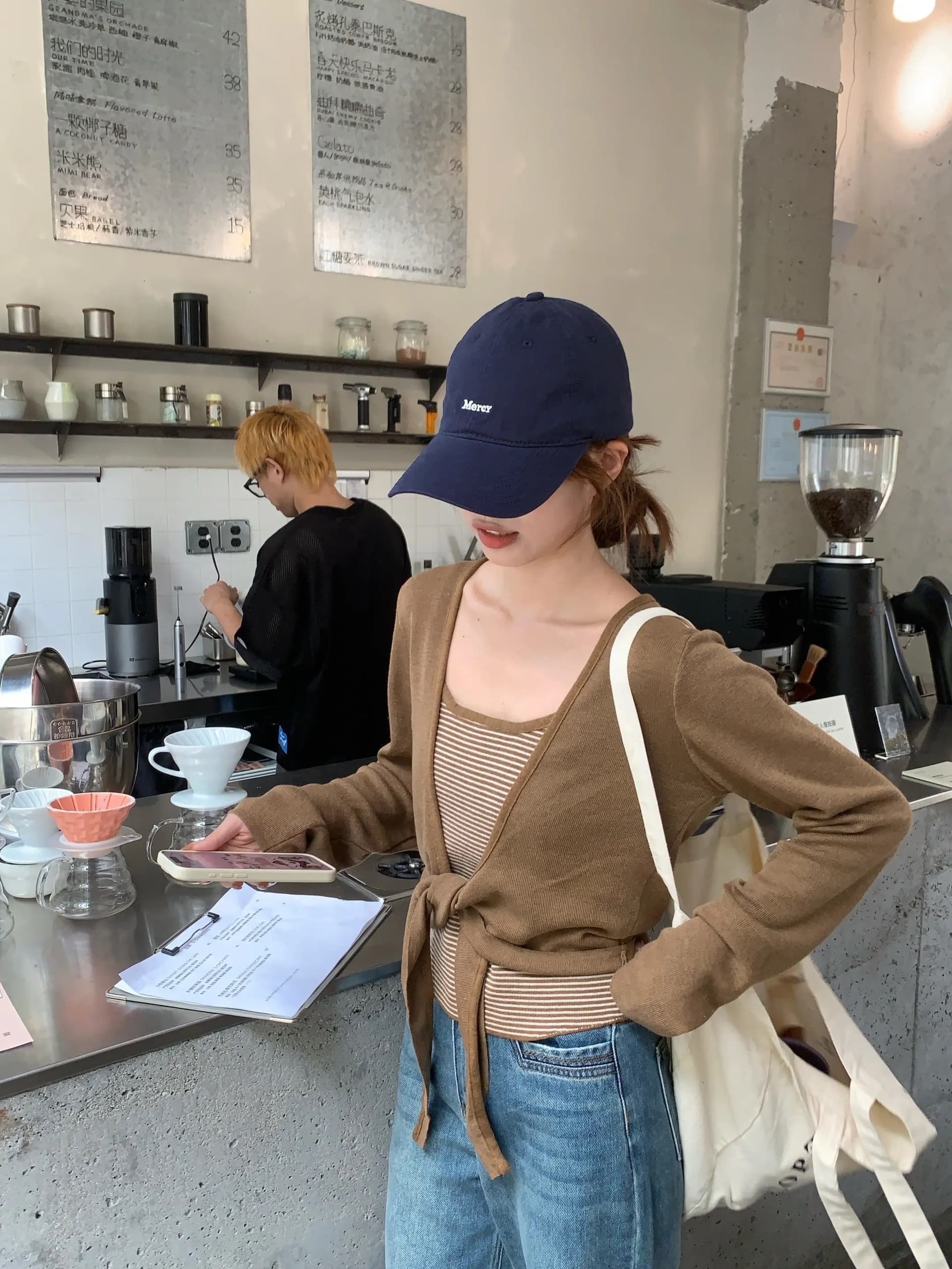 한 부서 순수한 욕망 스트라이프 캐미솔 스트랩 맨위 슬림해 보이는 투피스 세트 상세 이미지 5