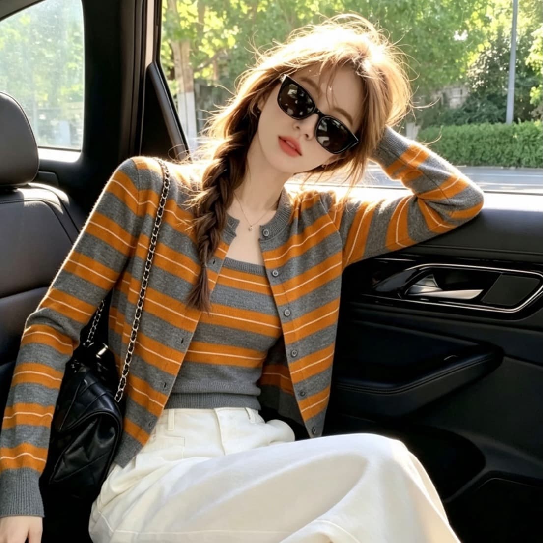 한 부서 주황색 스트라이프 스택 착용 니트 오픈 가디건 여성 조기 가을 디자인 센스 스웨터 코트 외부 가져 가라. 두 조각 스타일 맨위 이미지 5