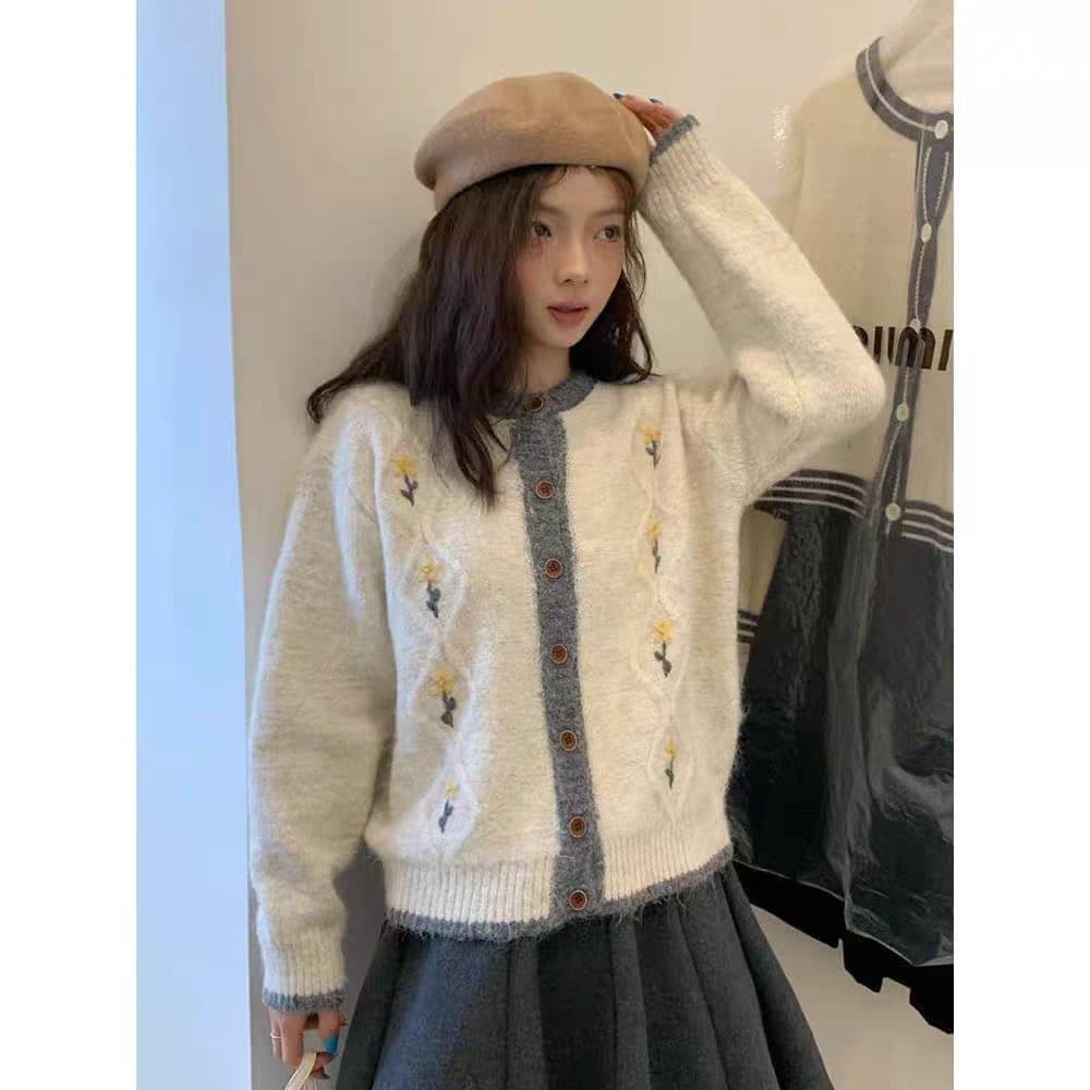 부드러운 바람 한 부서 달콤함 자수 스웨터 여성 코트 가을 겨울 루즈핏 느긋한 부드러운 찹쌀 다용도 니트 오픈 가디건 맨위 이미지 5