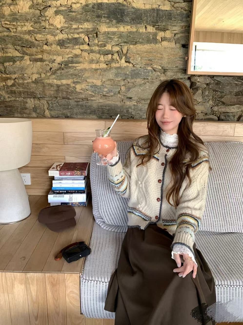 무거운 작업 짜임 A 난초 훅 공정한 섬 배색 니트 오픈 가디건 루즈핏 레트로 부드러운 찹쌀 스웨터 여성 코트 이미지 3