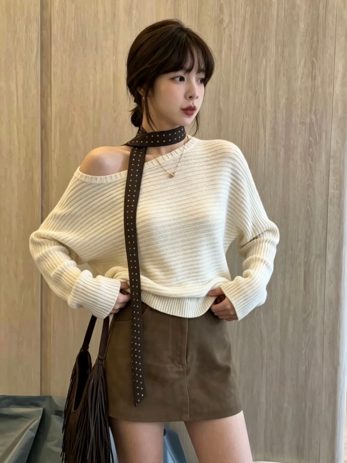 한 부서 레트로 도트 무늬 리본 비스듬한 칼라 오프숄더 배트윙 소매 니트 스웨터 가을 여성 의류 아주 게으른 루즈핏 스웨터 맨위 이미지 5