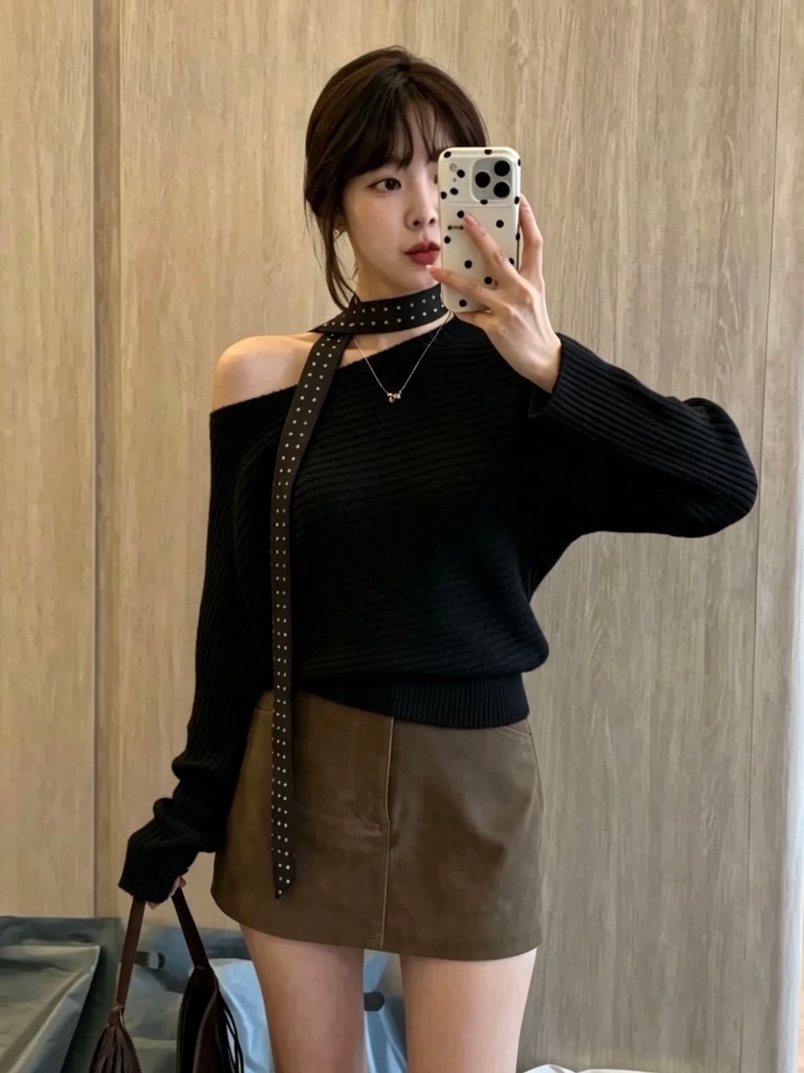 한 부서 레트로 도트 무늬 리본 비스듬한 칼라 오프숄더 배트윙 소매 니트 스웨터 가을 여성 의류 아주 게으른 루즈핏 스웨터 맨위 상세 이미지 5