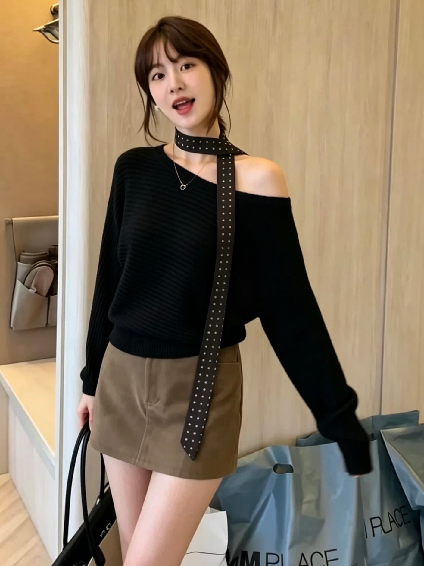 한 부서 레트로 도트 무늬 리본 비스듬한 칼라 오프숄더 배트윙 소매 니트 스웨터 가을 여성 의류 아주 게으른 루즈핏 스웨터 맨위 상세 이미지 6